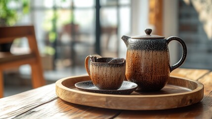 Fototapeta premium Rustic Tea Set on Wooden Tray, Cafe Interior
