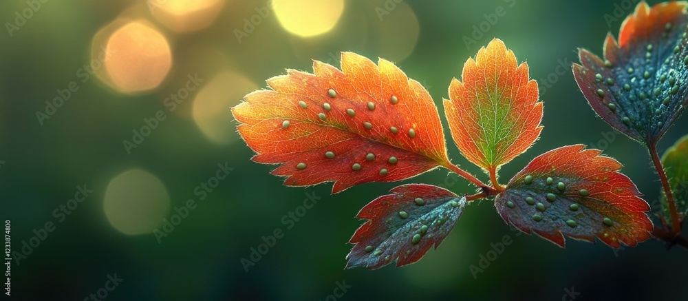 Poster colorful autumn leaves with droplets on branch against blurred background with bokeh effect copy spa
