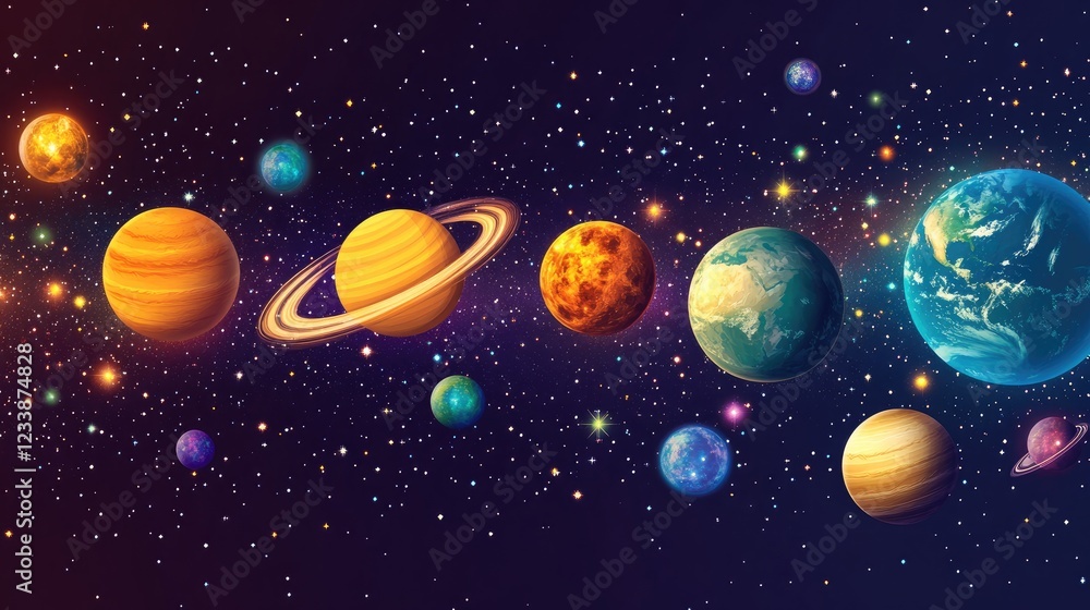 Poster cosmic nebula with luminous stars and planets showcasing vibrant colors in a space-themed design wit