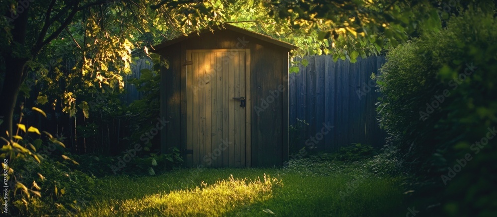 Poster garden shed illuminated by dusk light with soft backlighting surrounded by greenery and open space f