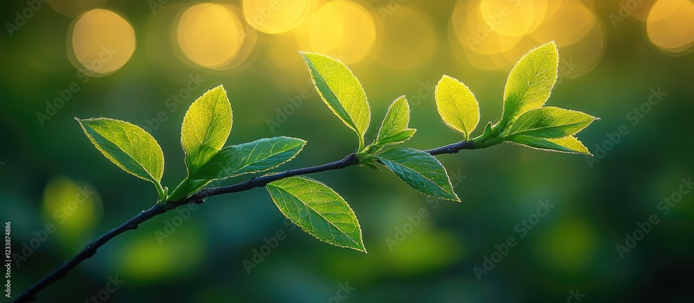 Poster green leaves on a branch against a blurred background with sunlight bokeh effects and ample copy spa