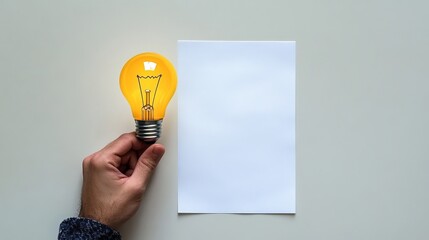 Illuminating Idea: A bright light bulb held next to a blank paper, representing an innovative concept, creating space for imaginative designs.