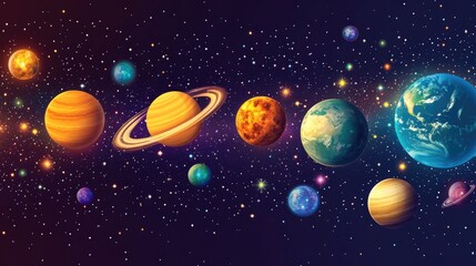 Cosmic nebula with luminous stars and planets showcasing vibrant colors in a space-themed design with ample empty copyspace.