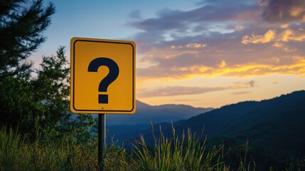 Yellow travel sign with black question mark and mountain icon at dusk against a colorful sky, symbolizing exploration of unknown destinations.