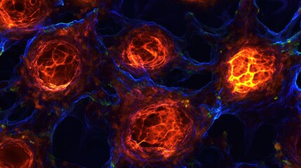 Detailed close-up of dark red cancer cells stained orange and outlined in blue for biomedical research with empty space for text insertion