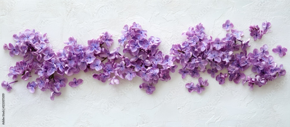 Poster purple flower petals arranged in a decorative pattern on a textured white background with ample copy