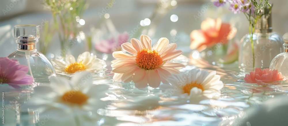 Poster flowers floating on water surface with perfume bottles and soft natural light creating an aesthetic 