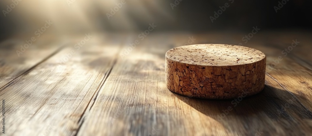 Aufkleber cork disc on wooden table with soft lighting and shadows for texture detail and depth copy space