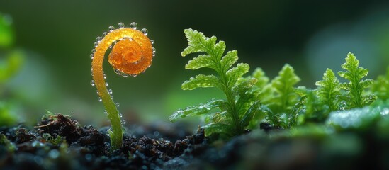 Obraz premium Close-up of a young fern unfurling with vibrant orange and green hues surrounded by water droplets on dark soil with Copy Space.