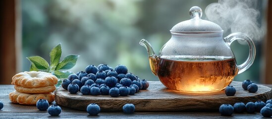 Fototapeta premium Glass teapot with steam, fresh blueberries, and pastries served on wooden board against blurred green background, Copy Space