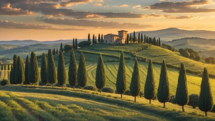 Obraz premium Tuscan Sunset Landscape Villa and Cypress Trees