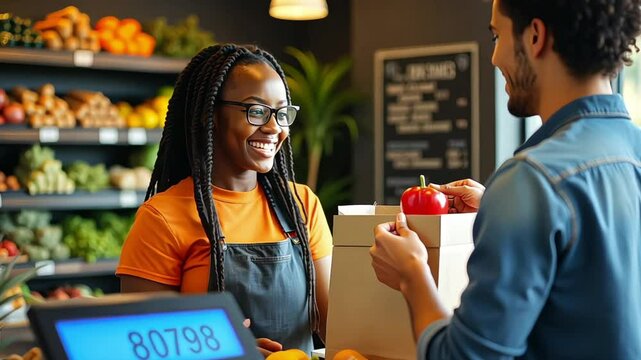 Happy African American female consumer standing by the counter while storekeeper packs food products in bag after weighing. Black woman waiting for her packed groceries from male vendor.