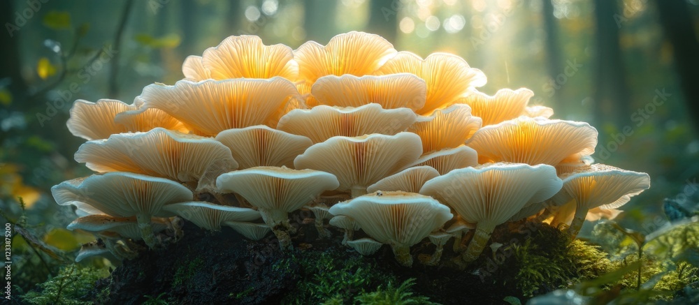 Poster cluster of luminous mushrooms in a forest with soft morning light and moss background providing copy