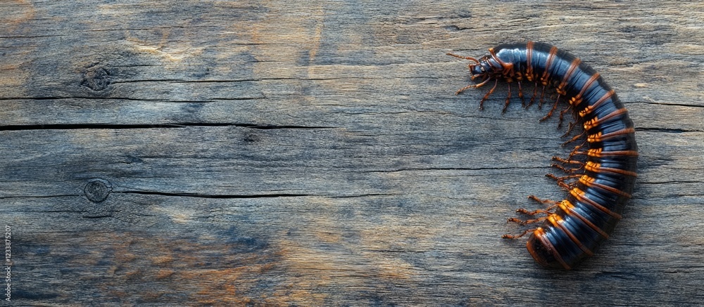 Poster close-up of a colorful centipede on rustic wooden surface with empty space for text highlighting its