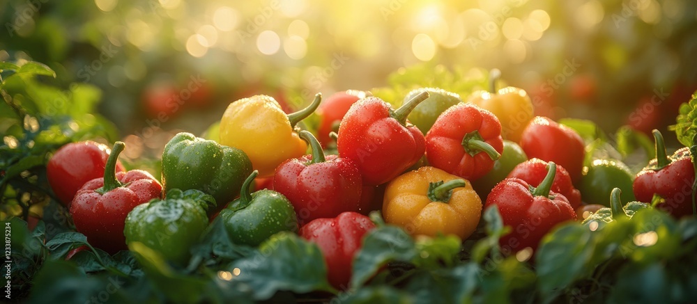Poster freshly harvested colorful bell peppers in a garden setting with sunlight and bokeh effect on backgr