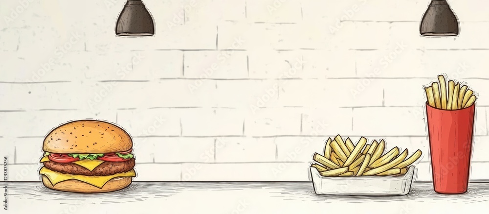 Poster cheeseburger and fries on a restaurant table with empty space for text menu or advertisement design
