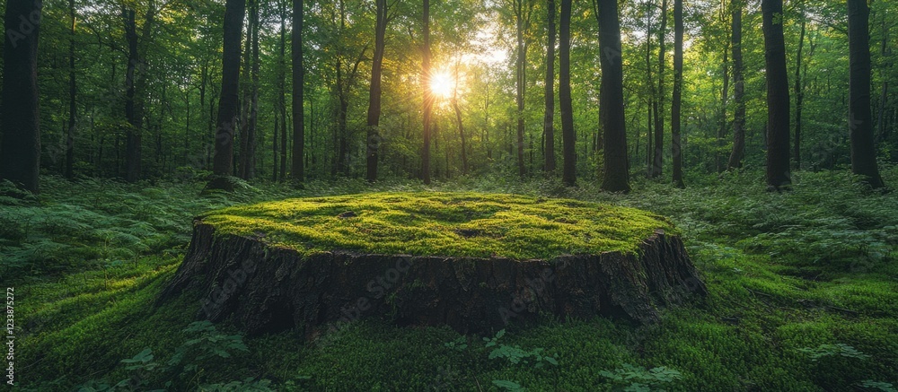 Poster moss-covered tree stump in lush green forest with sunlight filtering through trees creating a tranqu