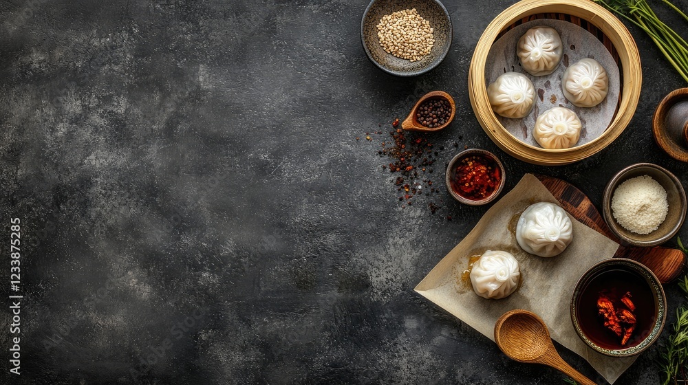 Poster dim sum dish presentation with fresh ingredients and empty copy space for text in a dark slate backg