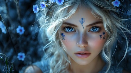 Airbrush hyperrealistic rendering of a young woman with glowing blonde hair and cornflower tattoos adorned with a floral headband set in an enchanting dark fractal landscape