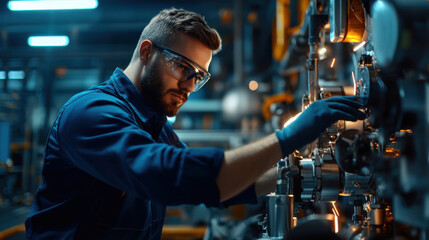 focused industry supervisor adjusting machinery in factory setting