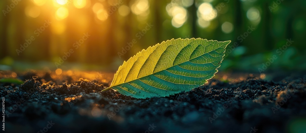 Poster Close-up of a green leaf resting on dark soil with sunlight illuminating the background, nature abstract with bokeh effect, Copy Space