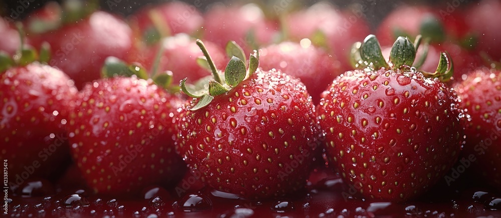 Poster fresh ripe strawberries with droplets of water arranged closely on a surface with copy space for tex