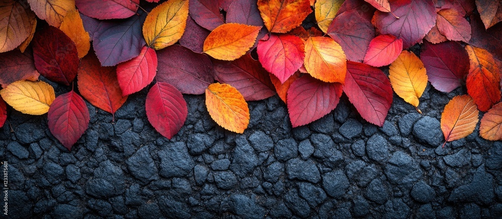 Poster autumn leaves in vibrant colors arranged on a dark textured background with ample copy space for tex