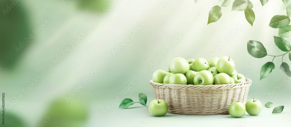 Poster basket filled with fresh green apples surrounded by leaves on soft gradient background with copy spa