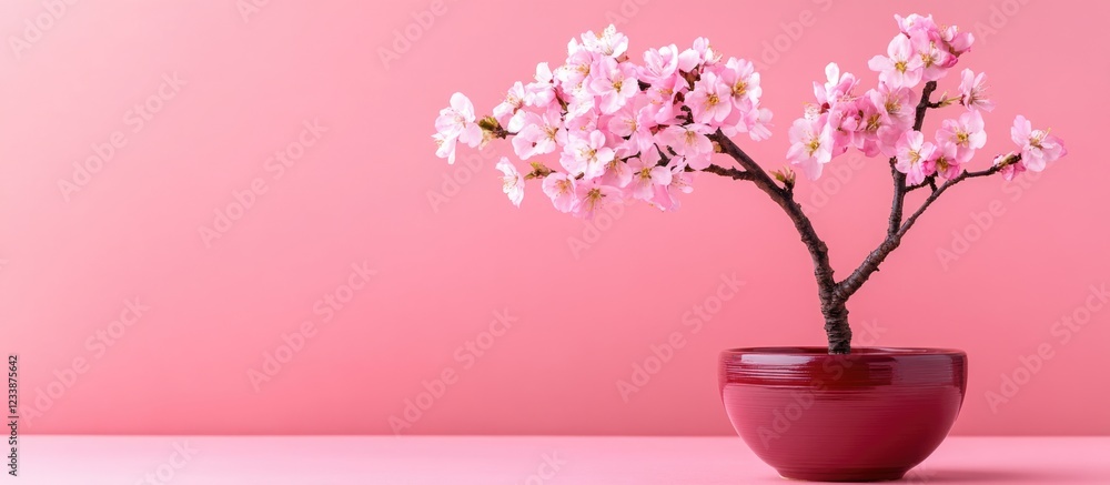 Poster cherry blossom branch in red pot on soft pink background with empty space for text and decoration