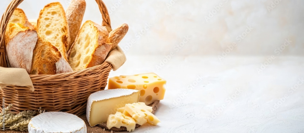 Poster cheese and bread assortment in a wicker basket on a light background with copy space for text