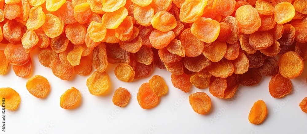 Poster dried apricot slices scattered on white background with ample space for text and branding copy space