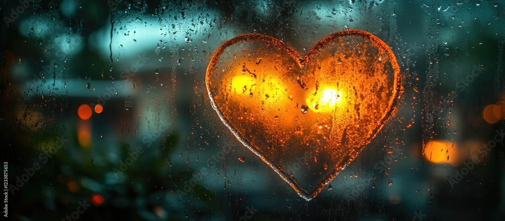 Poster heart shape drawn on a raindrop-covered window with warm glowing light in the background and blurred