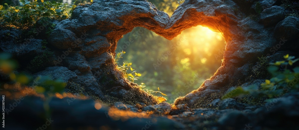 Poster rock formation in heart shape framing sunlight in a forest setting with lush greenery and soft focus
