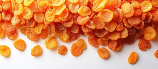 Dried apricot slices scattered on white background with ample space for text and branding Copy Space