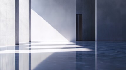 Obraz premium Minimalist Interior Space with Natural Light Reflections Ideal for Displaying Cost Effective PV Energy Methods and Solar Panel Innovations