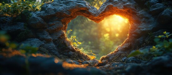 Rock formation in heart shape framing sunlight in a forest setting with lush greenery and soft focus background Copy Space