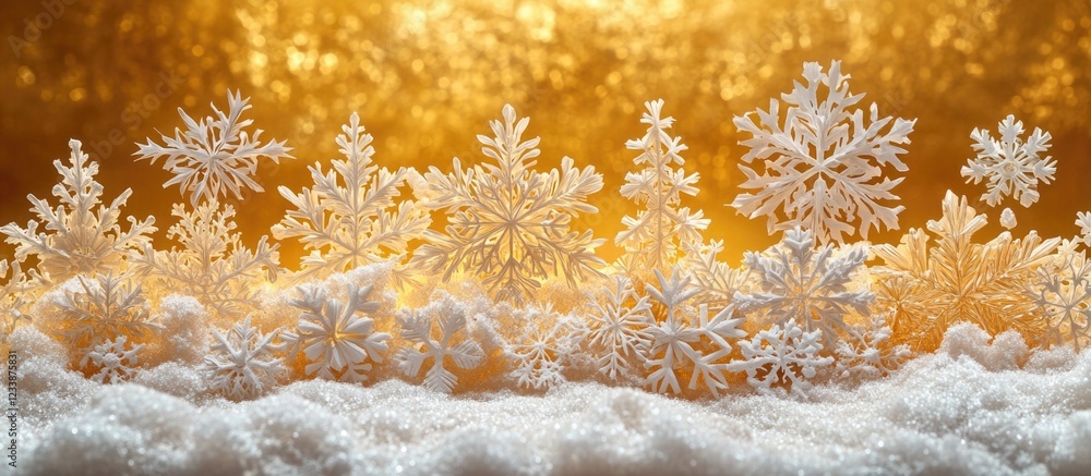 Poster winter snowflakes arranged on white snow with a golden sparkling background and ample copy space sui