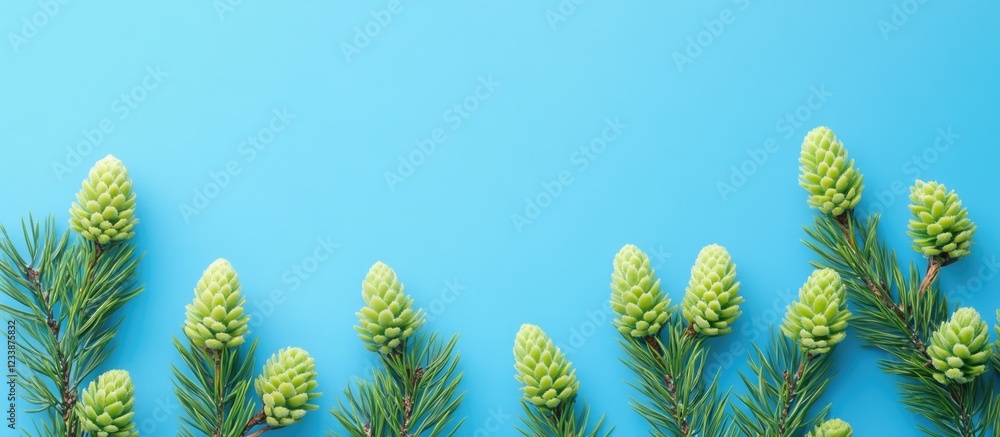 Poster green pine cones and branches on a bright blue background with copy space for text or design element