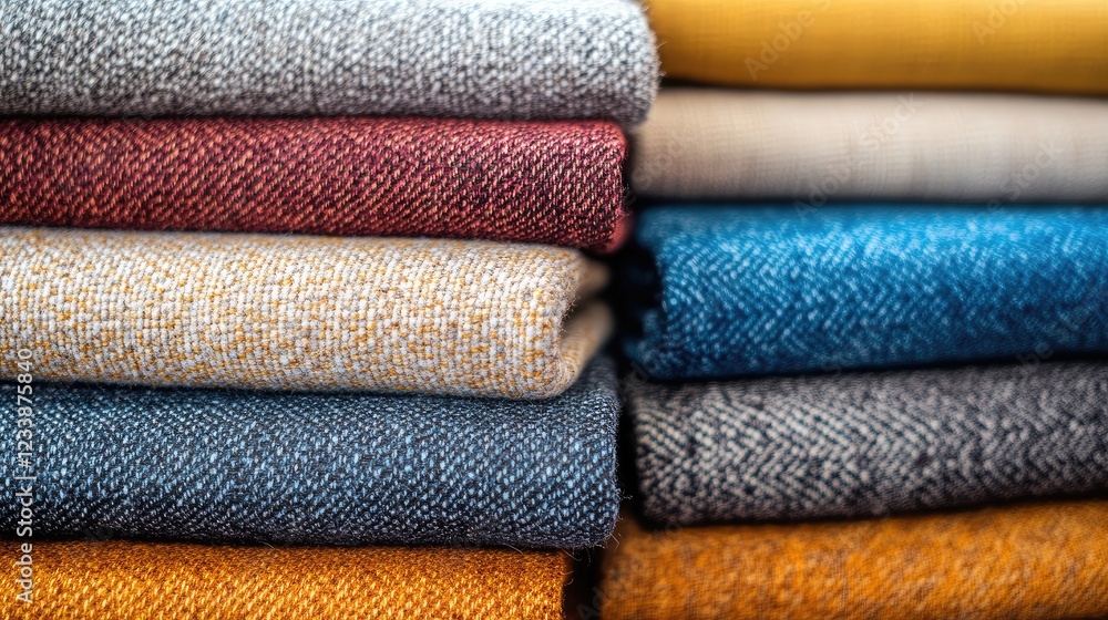 Poster cotton fabric stack in various colors showcasing texture and patterns in a textile shop for design a