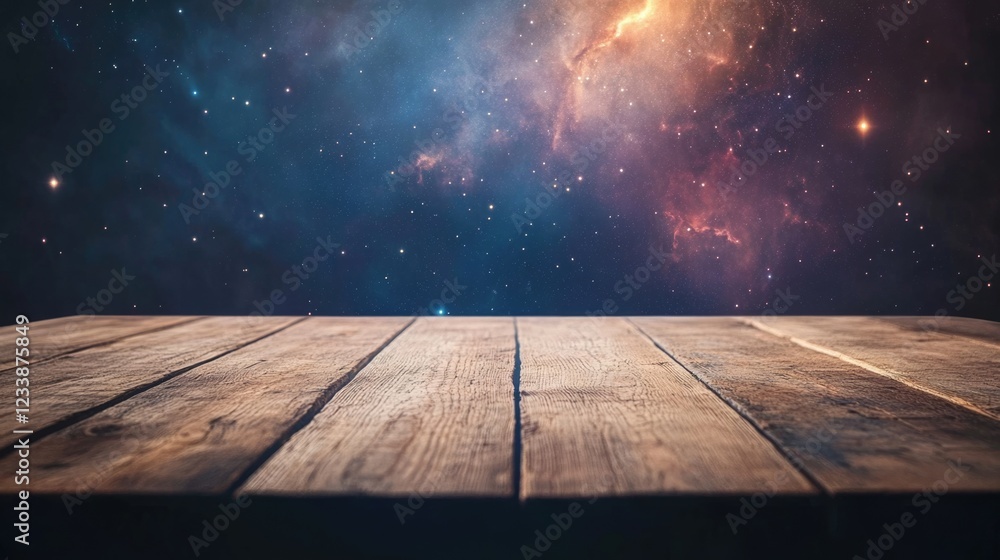 Poster wooden table in front of a vibrant cosmic backdrop creating space for text and creative design use.