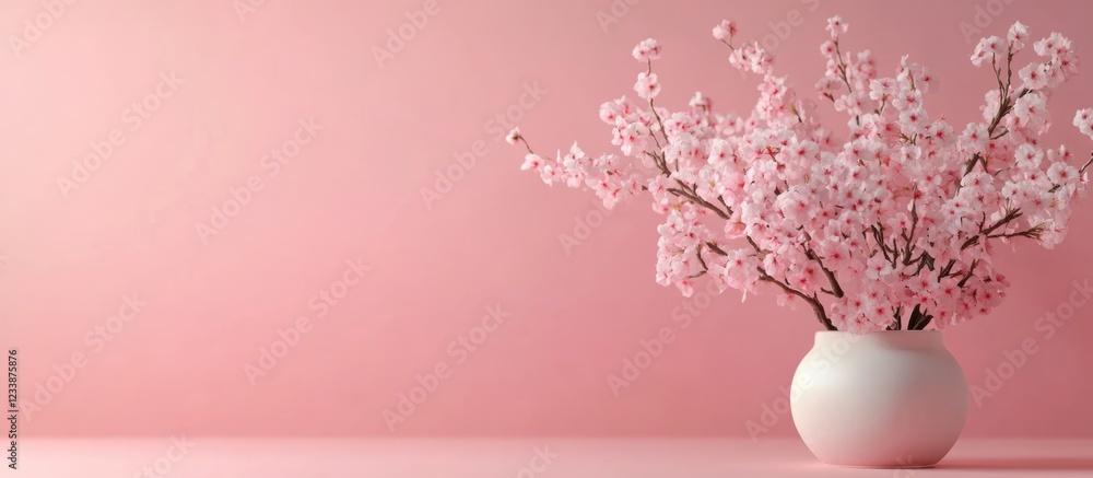 Poster cherry blossom branch in white pot on soft pink background with space for your text or design elemen