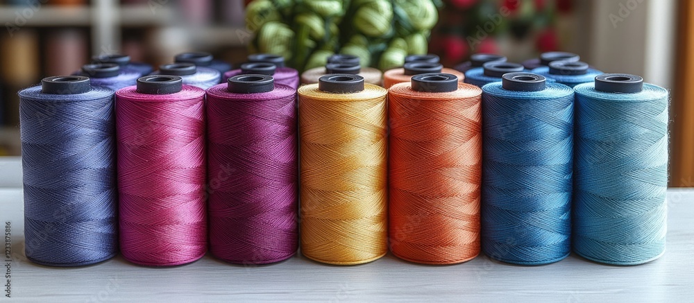 Poster colorful spools of thread arranged in a row on a table with blurred background of sewing supplies an