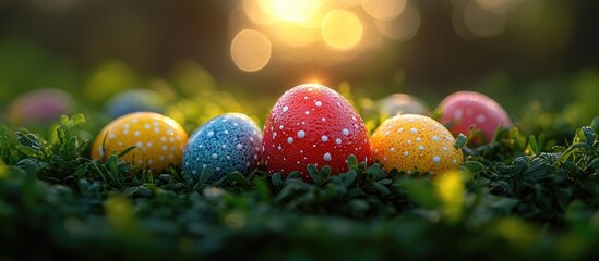 Colorful Easter eggs on green grass with soft bokeh background and sunlight creating a festive atmosphere Copy Space
