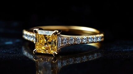 Elegant yellow diamond ring with sparkling accents on a sleek black background for luxury jewelry promotions.