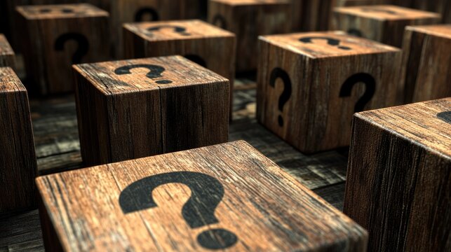Wooden blocks with question marks on a wooden surface creating an intriguing background with space for text or answers