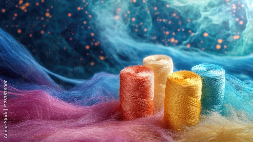 Poster cotton threads on vibrant galaxy ocean background with colorful fibers and empty copyspace for creat