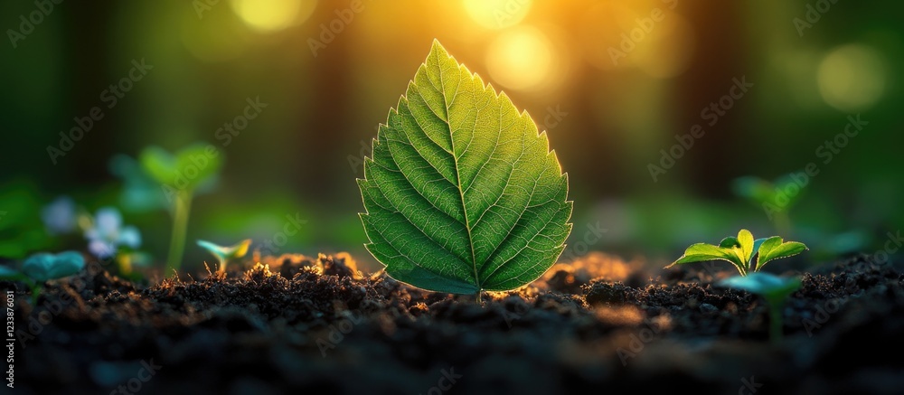 Aufkleber close-up of a large green leaf surrounded by young plants in rich soil with soft sunlight filtering 
