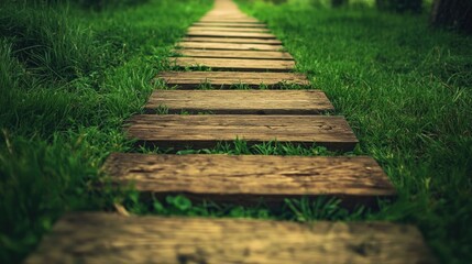 Obraz premium Wooden Pathway Leading Through Lush Green Grass in Countryside Natural Landscape with Space for Text or Branding