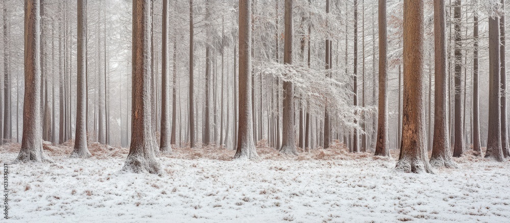 Poster serene winter landscape with cedar trees blanketed in snow and ample empty space for text overlay.