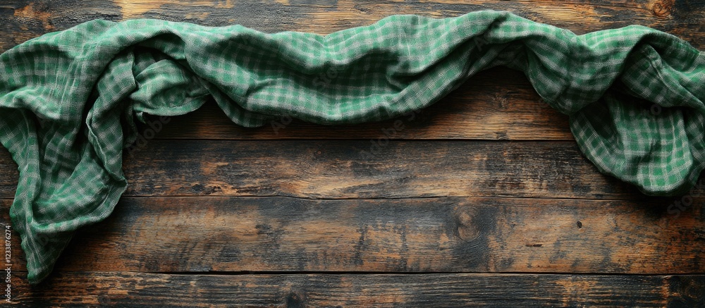 Poster green checkered fabric draped on rustic wooden surface with copy space for text placement